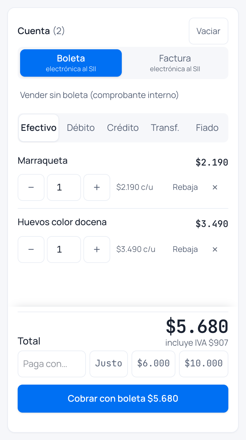 La misma venta en el celular: marraqueta y huevos en la cuenta y el botón Cobrar con boleta