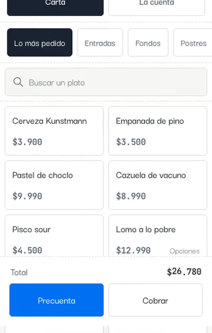 El pedido y el cobro en el celular del garzón