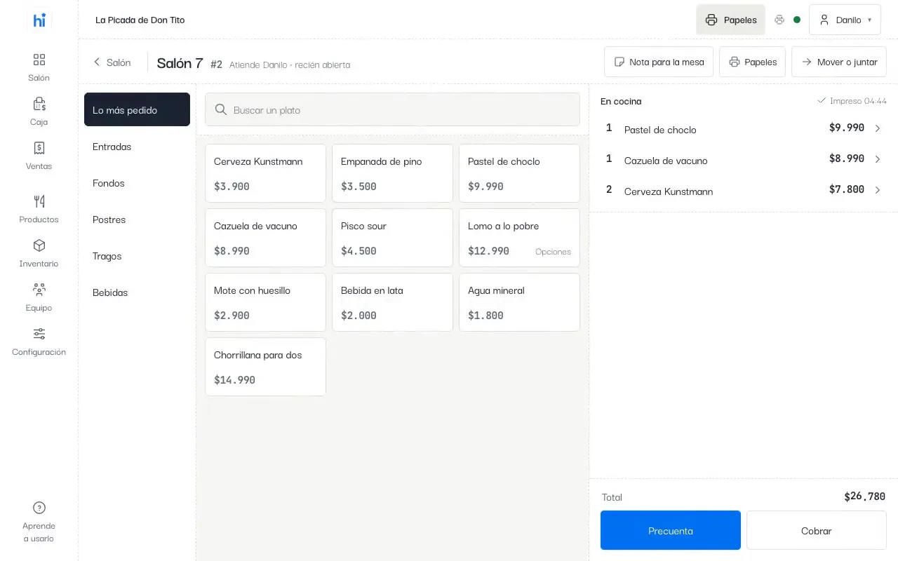 La carta para tomar el pedido de la mesa