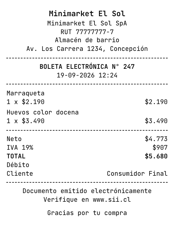 Una boleta electrónica impresa: el negocio, su RUT, marraqueta y huevos, el neto, el IVA, el total de $5.680 y Verifique en www.sii.cl